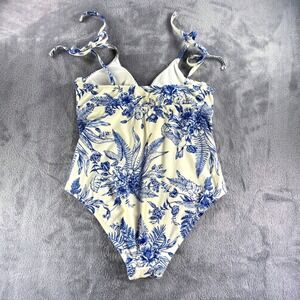Kona Sol Swimsuit Women M Full Coverage Blue Cream Floral Hummingbird One Piece